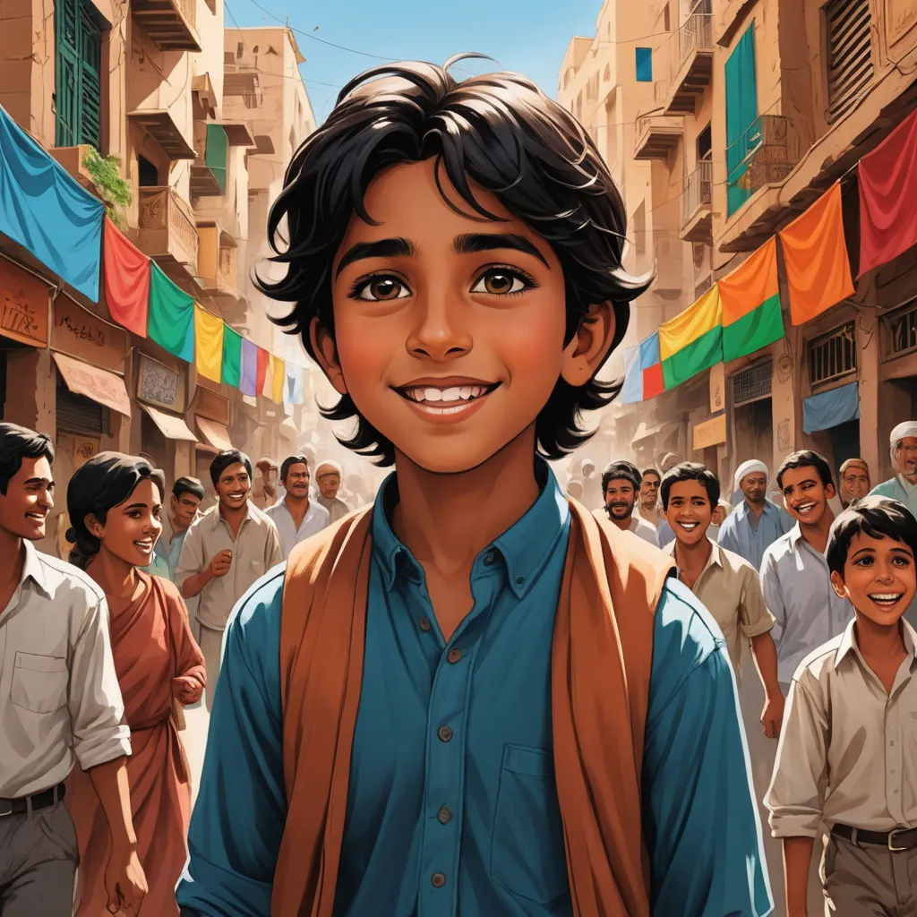 a painting of a boy in a blue shirt and brown vest standing in a crowded street with people in the background, samikshavad, a storybook illustration, Aaron Jasinski, official art