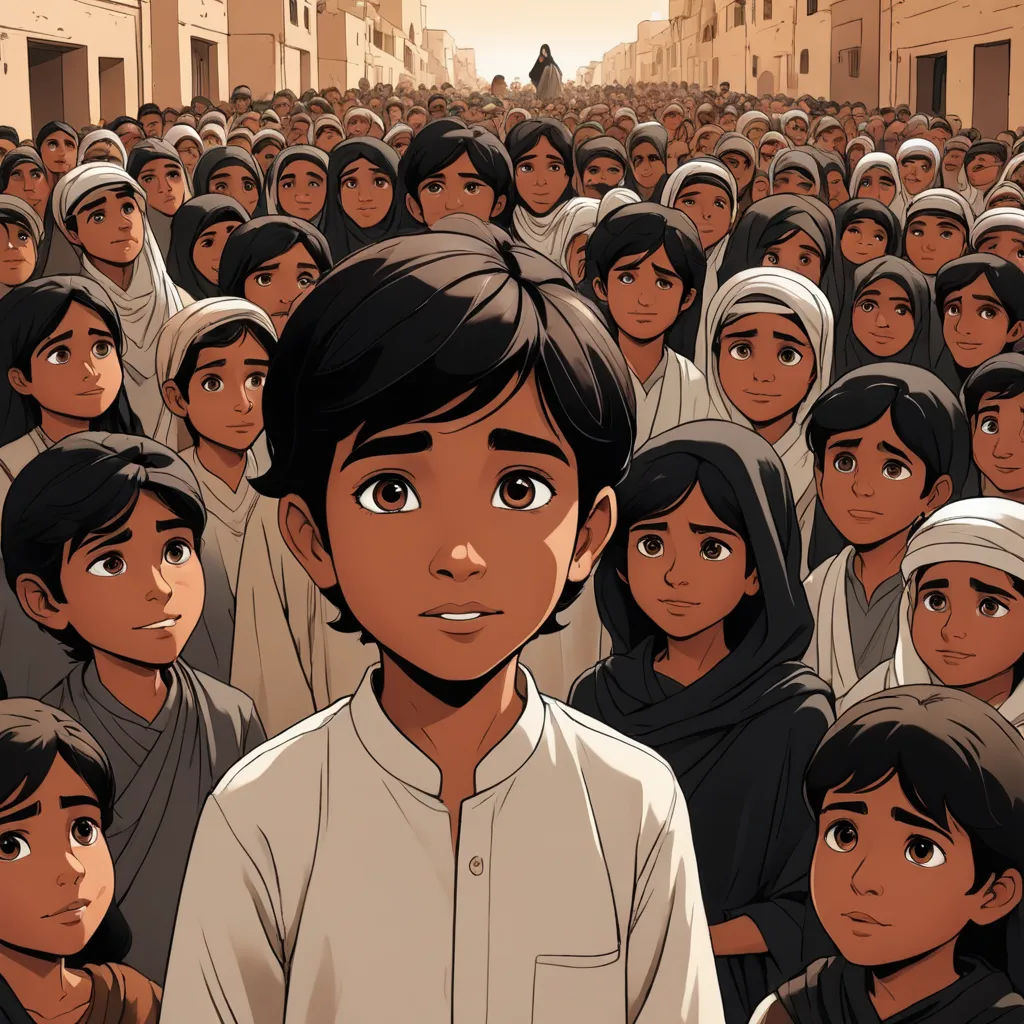 a crowd of people standing in a street with a boy in the middle of the crowd looking at the camera, hurufiyya, a comic book panel, Asaf Hanuka, graphic novel