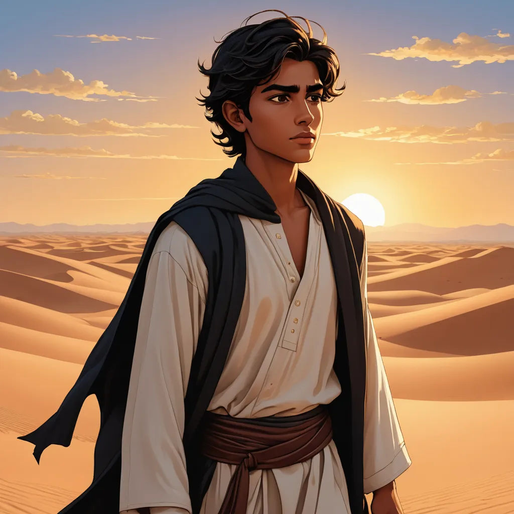 a painting of a man in a desert setting with the sun in the background and clouds in the sky, dau-al-set, a character portrait, Altoon Sultan, official art