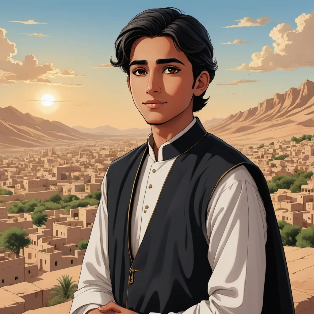 a man in a black vest standing in front of a desert city with mountains and clouds in the background, dau-al-set, a character portrait, Altoon Sultan, official art