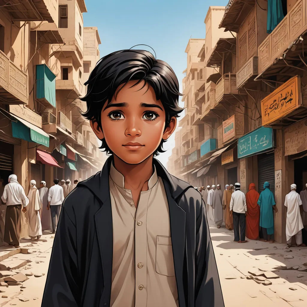 a boy in a street with a crowd of people in the background and a building with a sign on it, hurufiyya, a comic book panel, Amir Zand, graphic novel