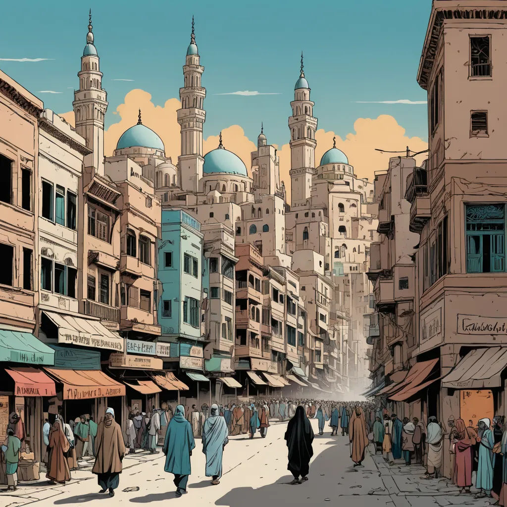 a painting of a city street with people walking around it and buildings in the background with a fountain in the middle, arabesque, a comic book panel, Asaf Hanuka, orientalism