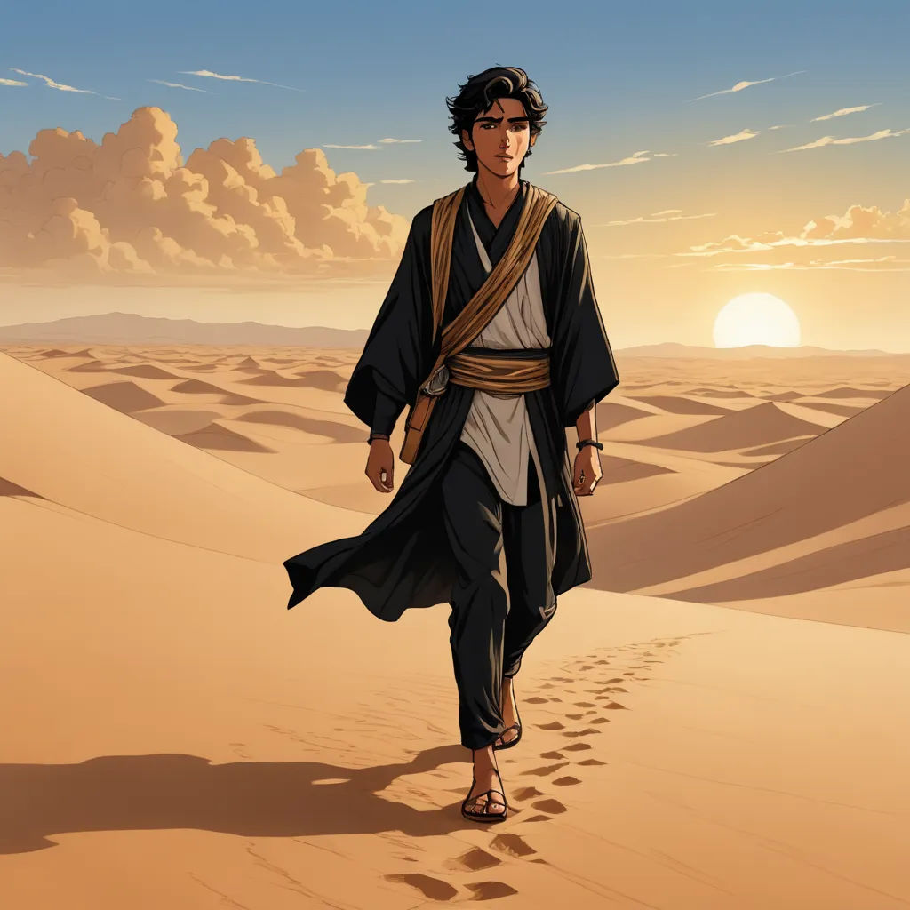 a man in a desert with a robe on walking in the sand with footprints in the sand and a sky with clouds, dau-al-set, a detailed matte painting, Drew Struzan, graphic novel