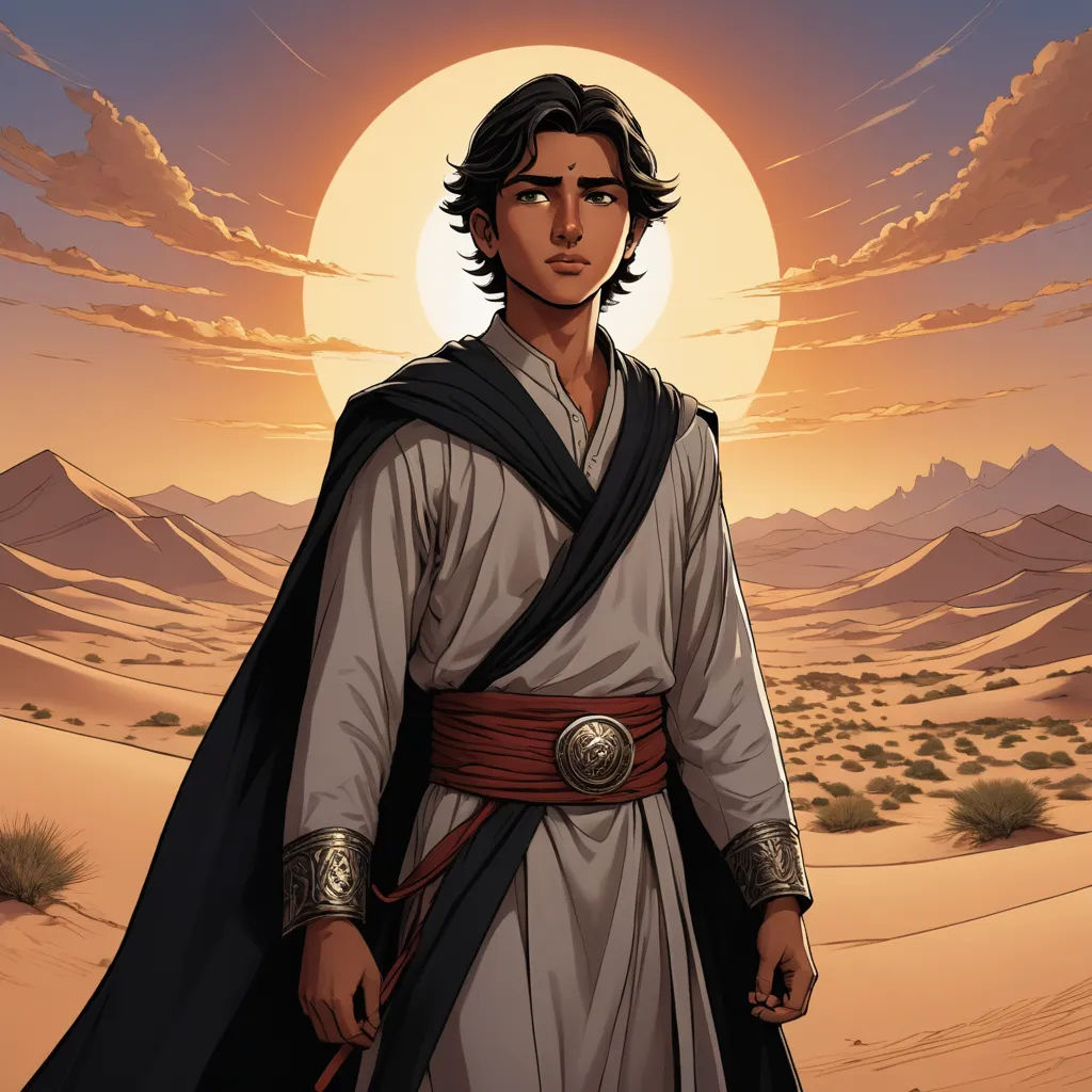 a man in a desert with a sword in his hand and a sun in the background with clouds and mountains, hurufiyya, a character portrait, Altoon Sultan, official art