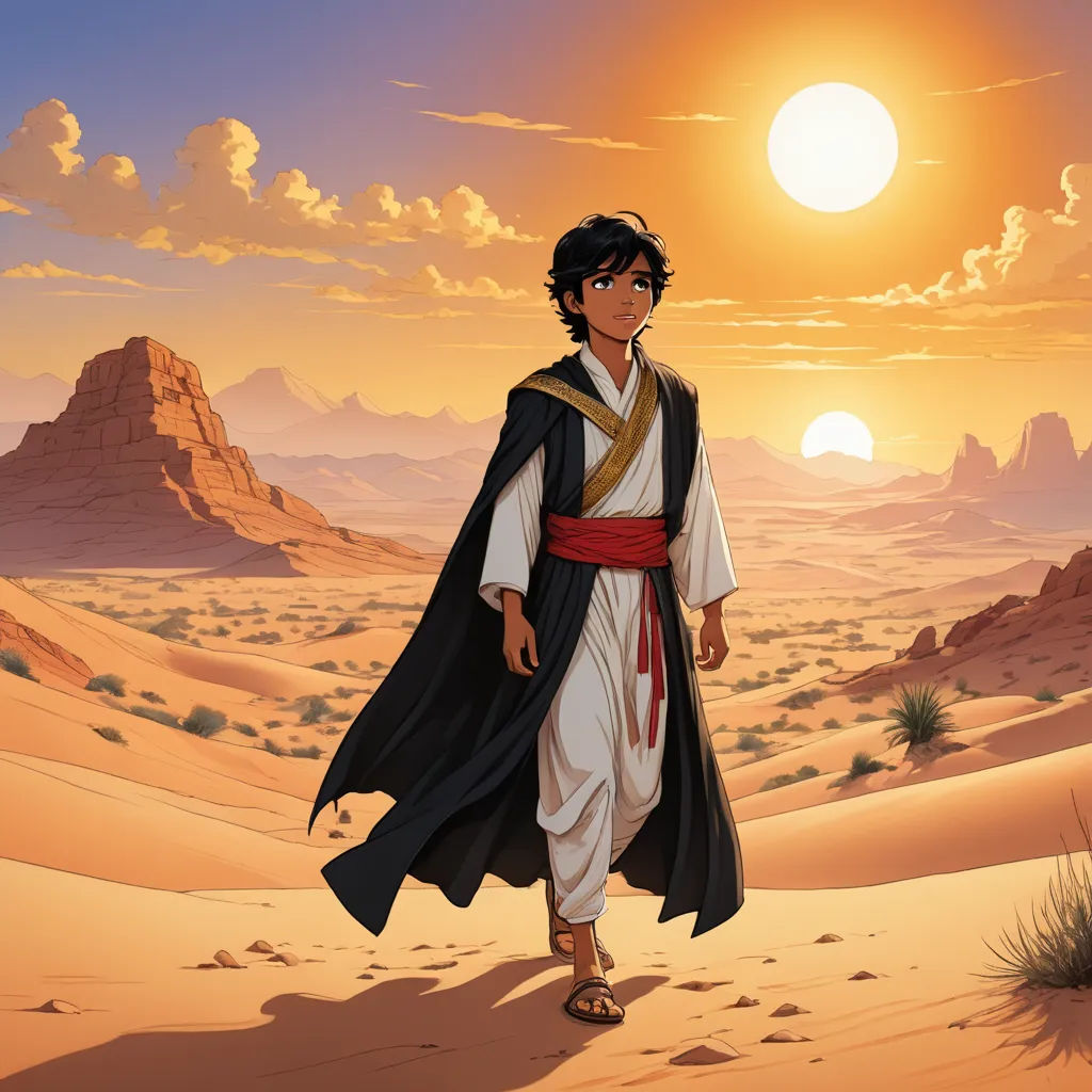 a man in a desert with a desert landscape in the background and a sun setting behind him, with a desert landscape in the foreground, dau-al-set, egyptian art, Altoon Sultan, official art