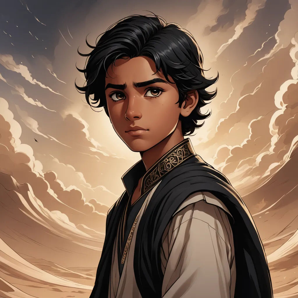 a young man with a black hair and a brown shirt is standing in front of a cloudy sky with clouds, hurufiyya, a character portrait, Altoon Sultan, rossdraws global illumination