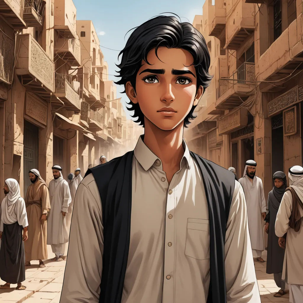 a man with a backpack standing in a street with people walking around him and a building in the background, hurufiyya, a character portrait, Cedric Seaut (Keos Masons), graphic novel