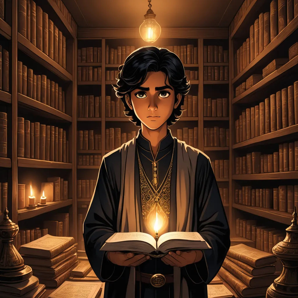 a man holding a book in a library with a light on his head and a candle in his hand, fantasy art, a character portrait, Cedric Seaut (Keos Masons), rossdraws global illumination