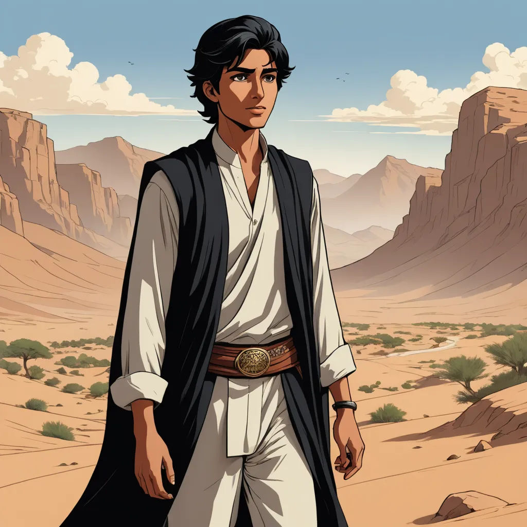 a man in a desert with a desert landscape in the background and a mountain range in the background with a sky and clouds, serial art, a character portrait, Amir Zand, official art
