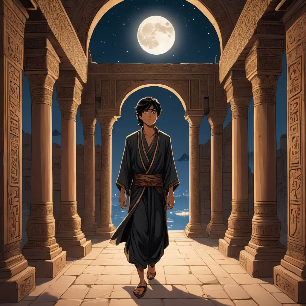 a man in a robe walking through a doorway with a full moon in the background and a sky with clouds, dau-al-set, a storybook illustration, Cliff Childs, official art