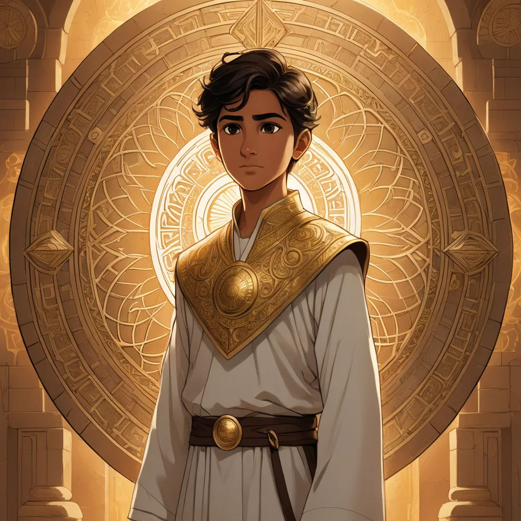 a man in a white and gold outfit standing in front of a golden circle with a golden emblem on it, fantasy art, a character portrait, Cedric Seaut (Keos Masons), rossdraws global illumination