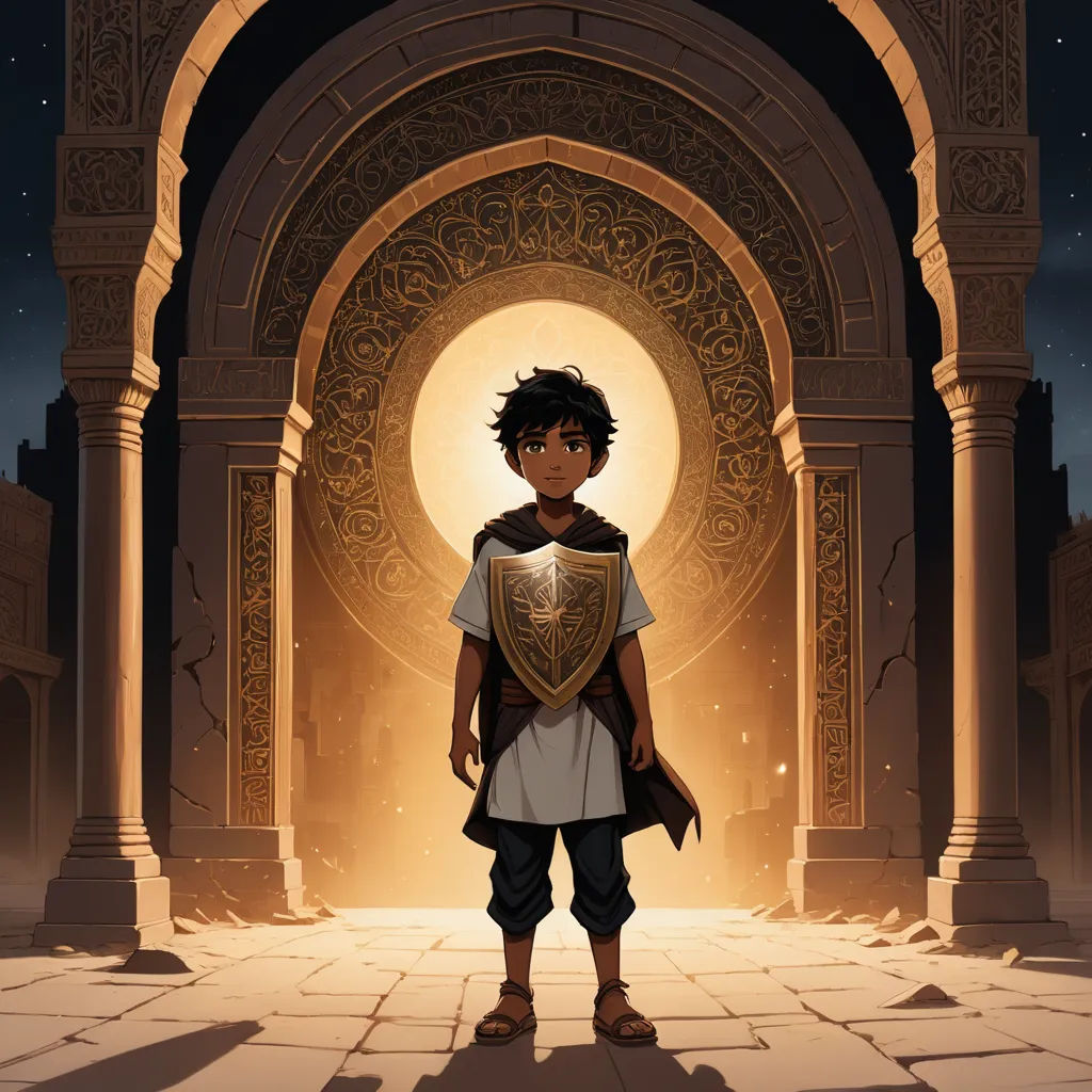 a boy in a roman costume standing in front of a doorway with a light shining through it and a moon in the background, fantasy art, poster art, Cedric Seaut (Keos Masons), key art