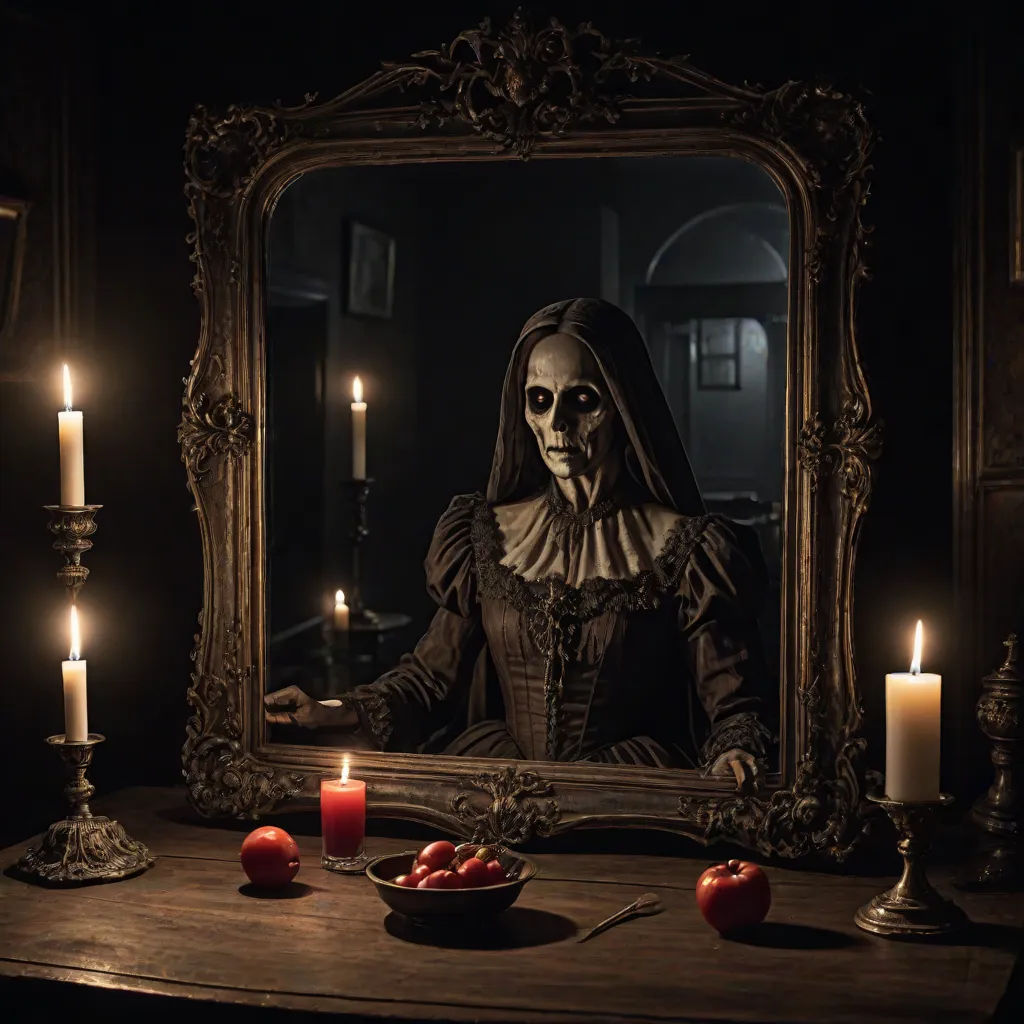 a creepy woman in a black dress is looking at herself in a mirror with candles in front of her, Dirk Crabeth, gothic art, a still life, dark art