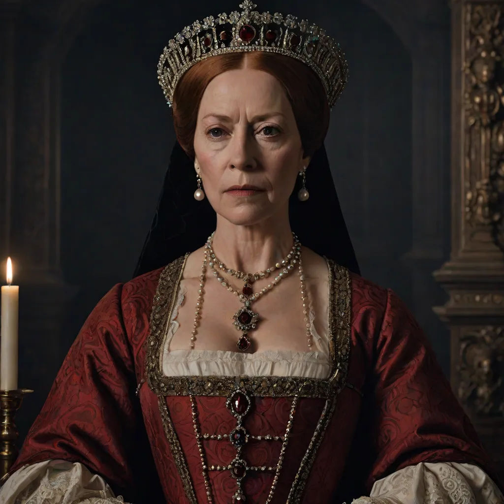 a woman in a red dress and tiara with a candle in her hand in a dark room with a large mirror, Anna Maria Barbara Abesch, renaissance, a flemish Baroque, promotional image
