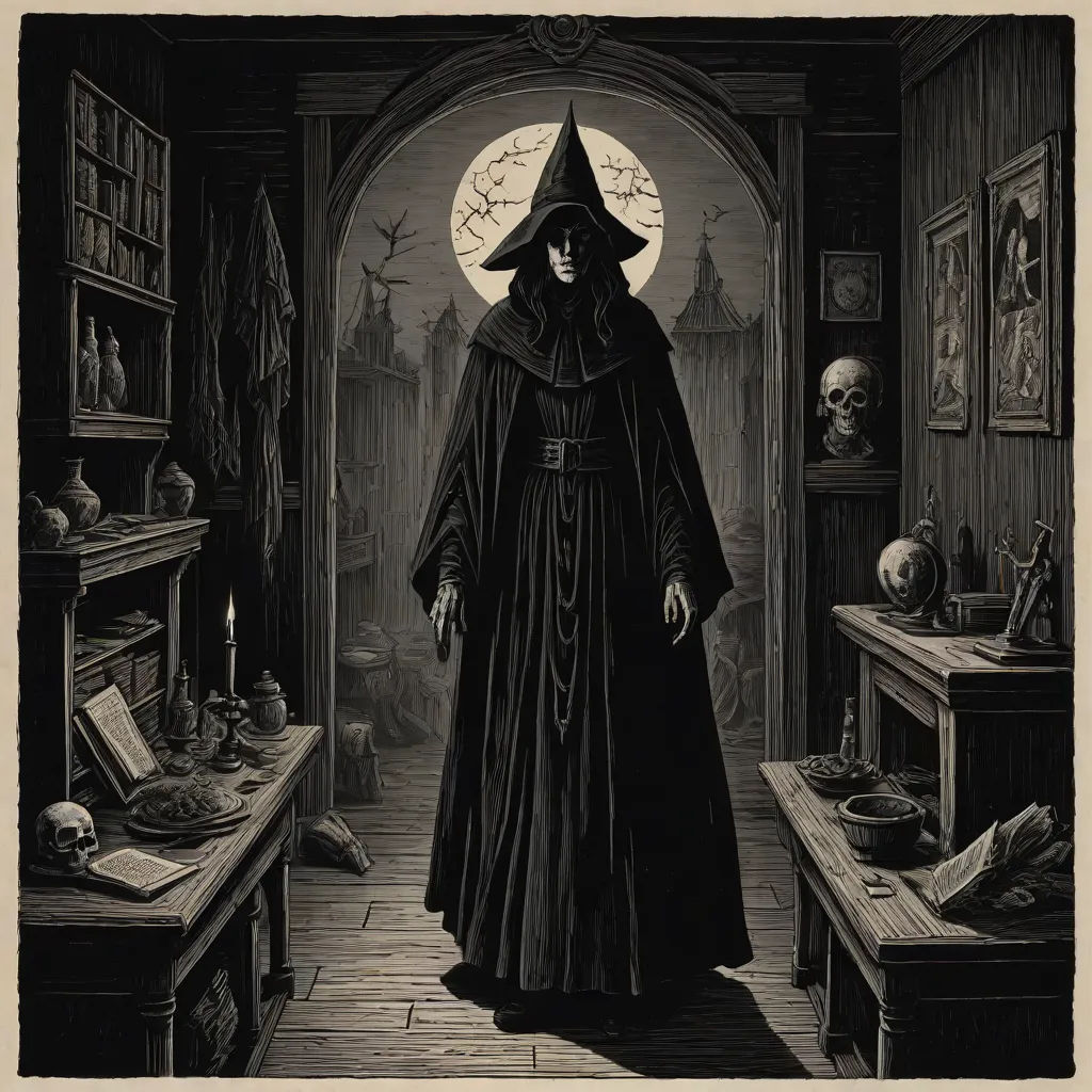 a black and white drawing of a wizard in a room with a full moon in the background and a table with a book on it, Edgar Ainsworth, gothic art, an ultrafine detailed painting, dark art