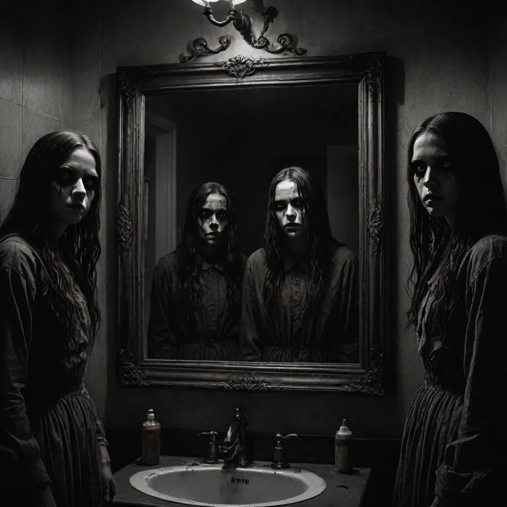 a group of people standing in front of a mirror in a bathroom with a sink and a mirror on the wall, Dirk Crabeth, art photography, poster art, promotional image