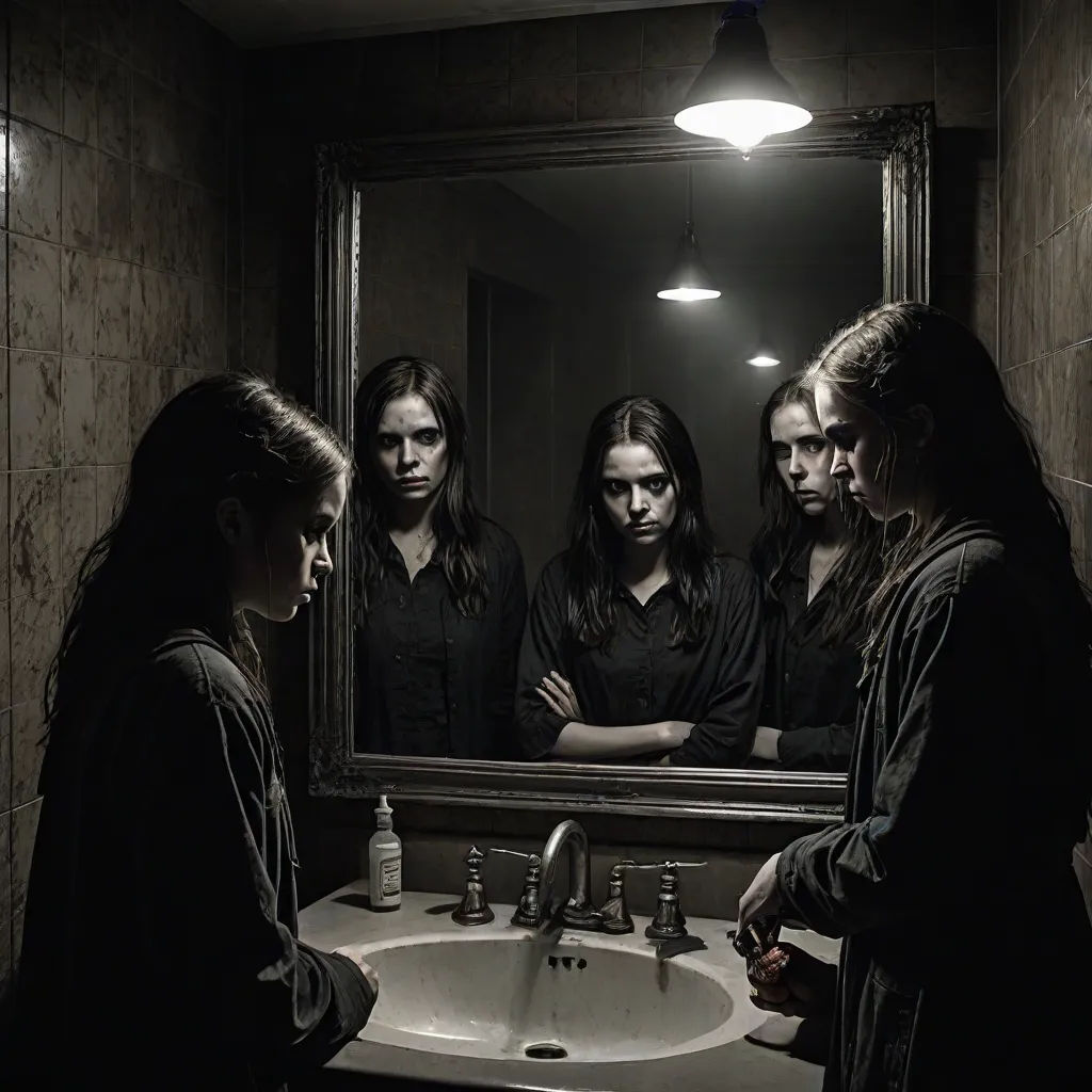 a group of women standing in front of a bathroom mirror looking at their reflection in the mirror, with one woman standing in front of the mirror, Dirk Crabeth, art photography, a character portrait, promotional image