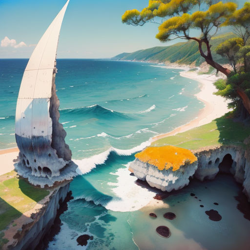 a painting of a sail boat in the ocean near a beach with a yellow umbrella on it's roof