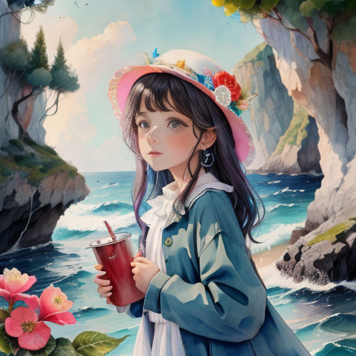 a painting of a girl holding a drink by the ocean with a cliff in the background and a pink flower in the foreground