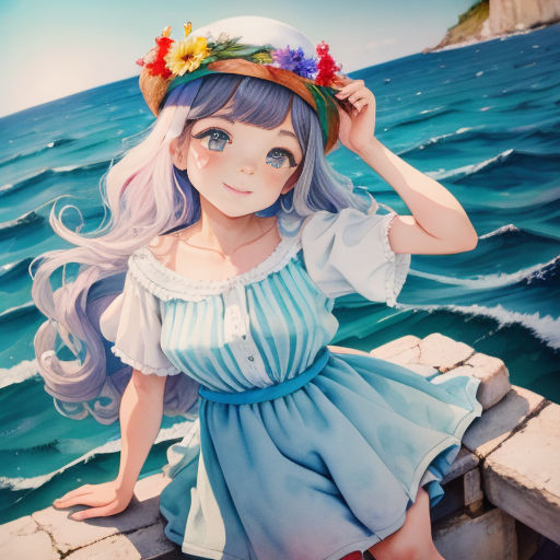 a girl with long hair and a hat on her head sitting on a ledge near the ocean with a rock wall