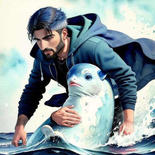 a man is holding a dolphin in the water while he is on a surfboard with a dolphin on it