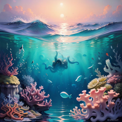 a painting of a person swimming in the ocean with corals and other marine life around them, with a sun shining in the background