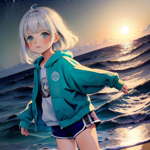 a girl standing on a beach next to the ocean at night with a full moon in the background and a star in the sky
