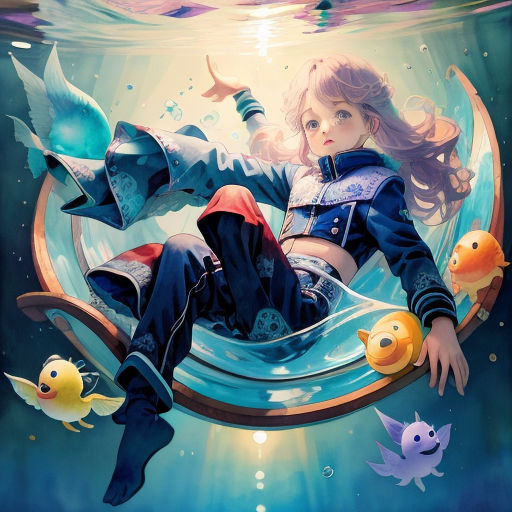a painting of a girl floating in the water with fish around her and a fish in her hand and a fish in her hand