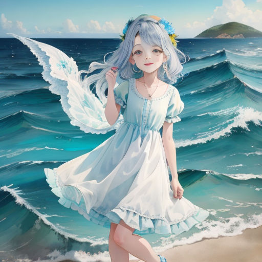 a painting of a girl with blue hair and a white dress on the beach with a bird flying over her head
