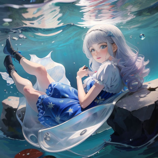 a woman sitting on a rock in the water with her legs crossed and her legs crossed, and her hair in the air