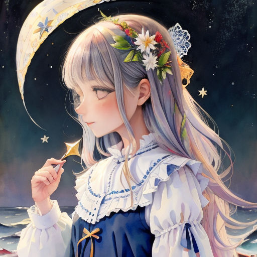 a girl with long hair and a flower in her hair is holding a spoon in her hand and looking at the stars