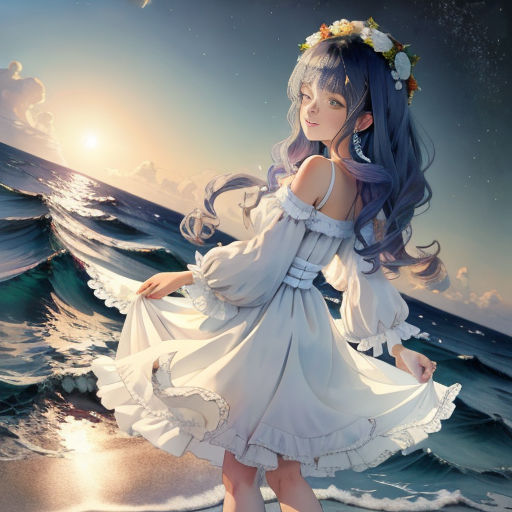 a girl in a white dress standing on a beach with a bird flying over her head and a wave crashing in the background