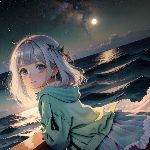 a girl sitting on a bench looking at the ocean at night with a full moon in the sky above her