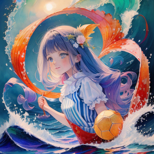 a painting of a girl holding a soccer ball in her hand and a fish in her hand, in the water