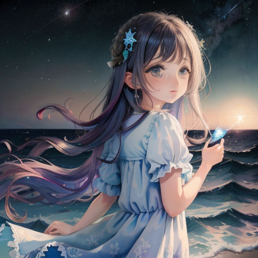 a girl with long hair holding a star in her hand on a beach at night with the moon in the sky