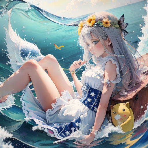 a girl sitting on a boat in the ocean with a fish in her hand and a yellow duck in her hand