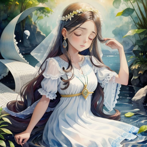 a girl in a white dress sitting on a rock in the water with a book in her hand and a book in her hand