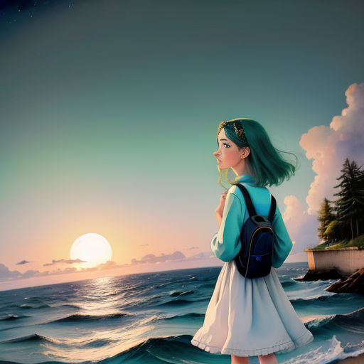 a girl with green hair standing on the beach looking at the ocean at sunset with a backpack on her shoulder