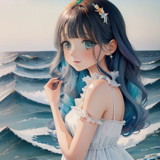 a girl with long hair standing in front of a wave in the ocean with her hand on her hip