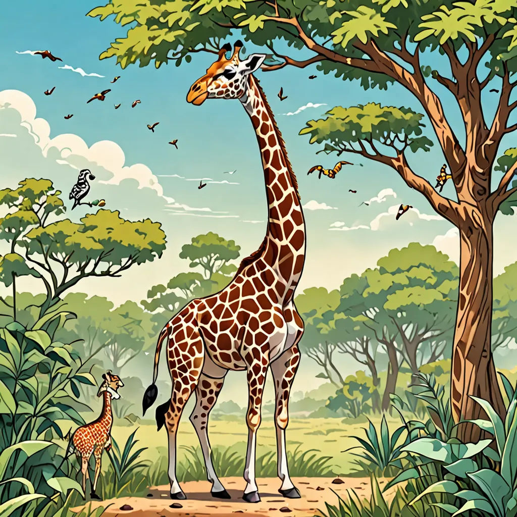 a giraffe and a baby giraffe in a jungle setting with birds flying overhead and trees, naturalism, a storybook illustration, Chris LaBrooy, detailed illustration