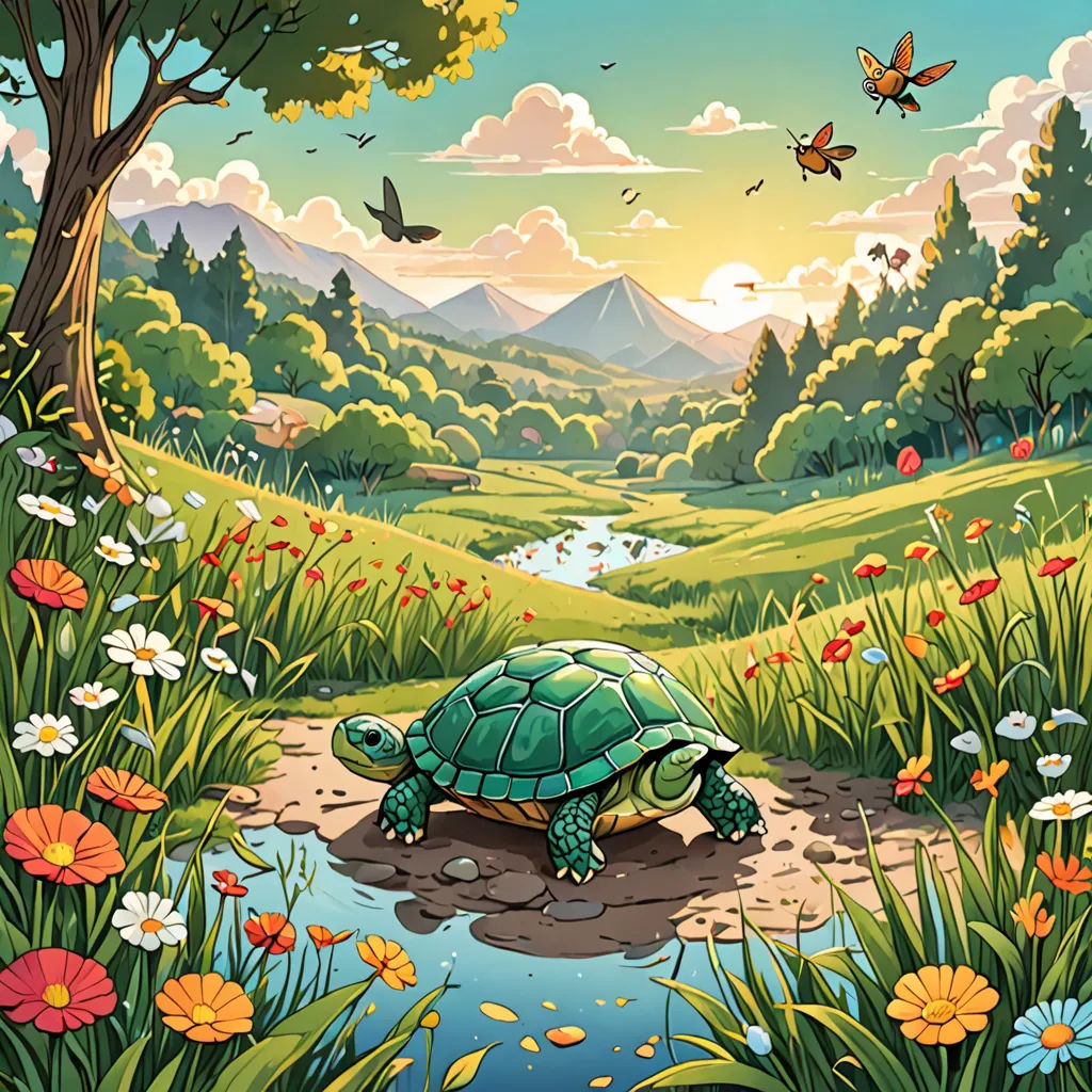 a painting of a turtle in a field with flowers and butterflies flying around it, and a river running through it, environmental art, a storybook illustration, Chris LaBrooy, storybook illustration