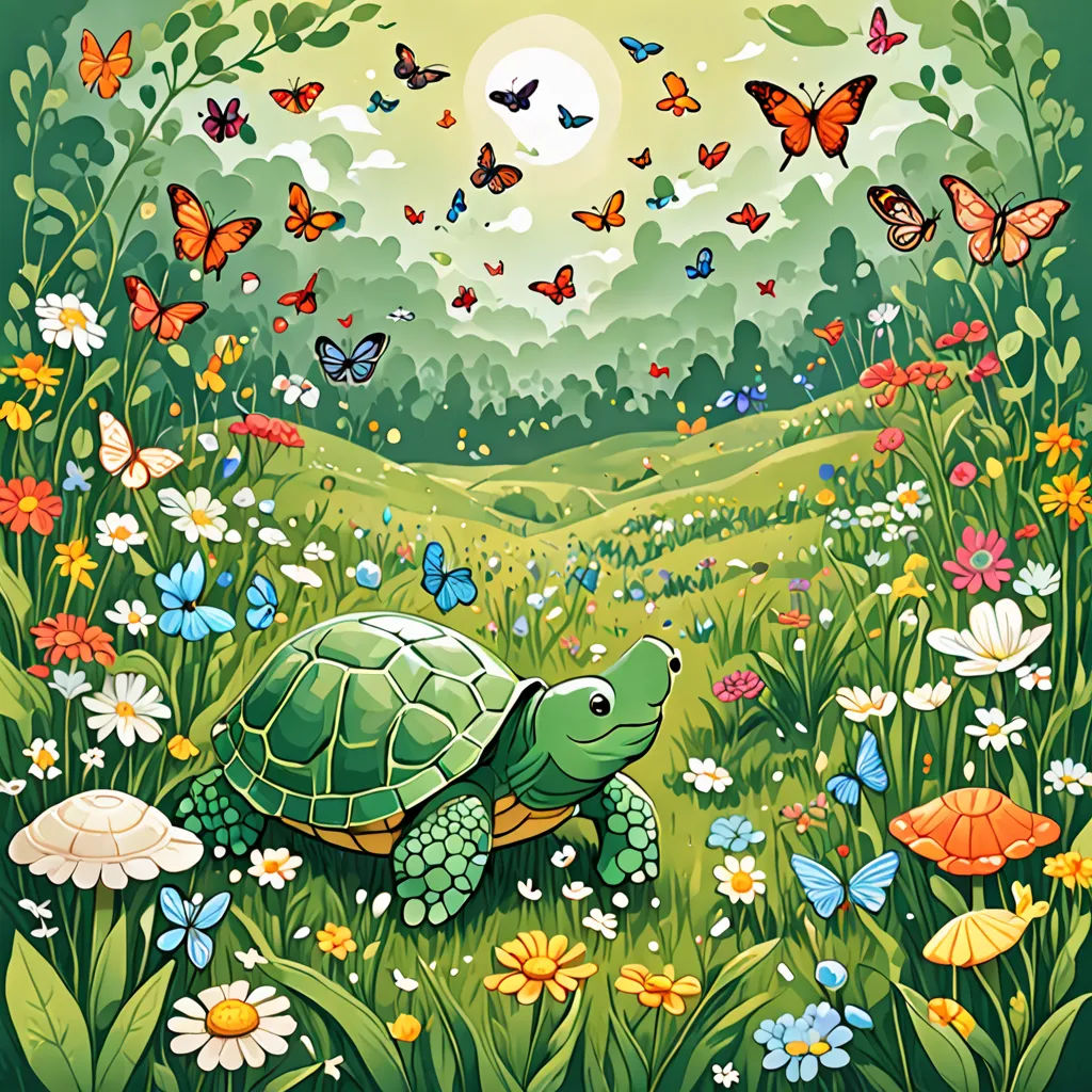 a painting of a turtle in a field of flowers and butterflies with a full moon in the background and a green sky, psychedelic art, a storybook illustration, Chris LaBrooy, storybook illustration