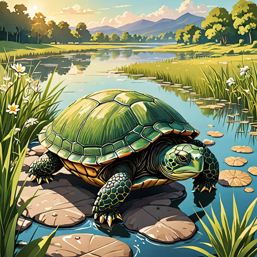a painting of a turtle on a rock in a pond of water with lily pads and a mountain in the background, american scene painting, a storybook illustration, Chris LaBrooy, golden ratio illustration