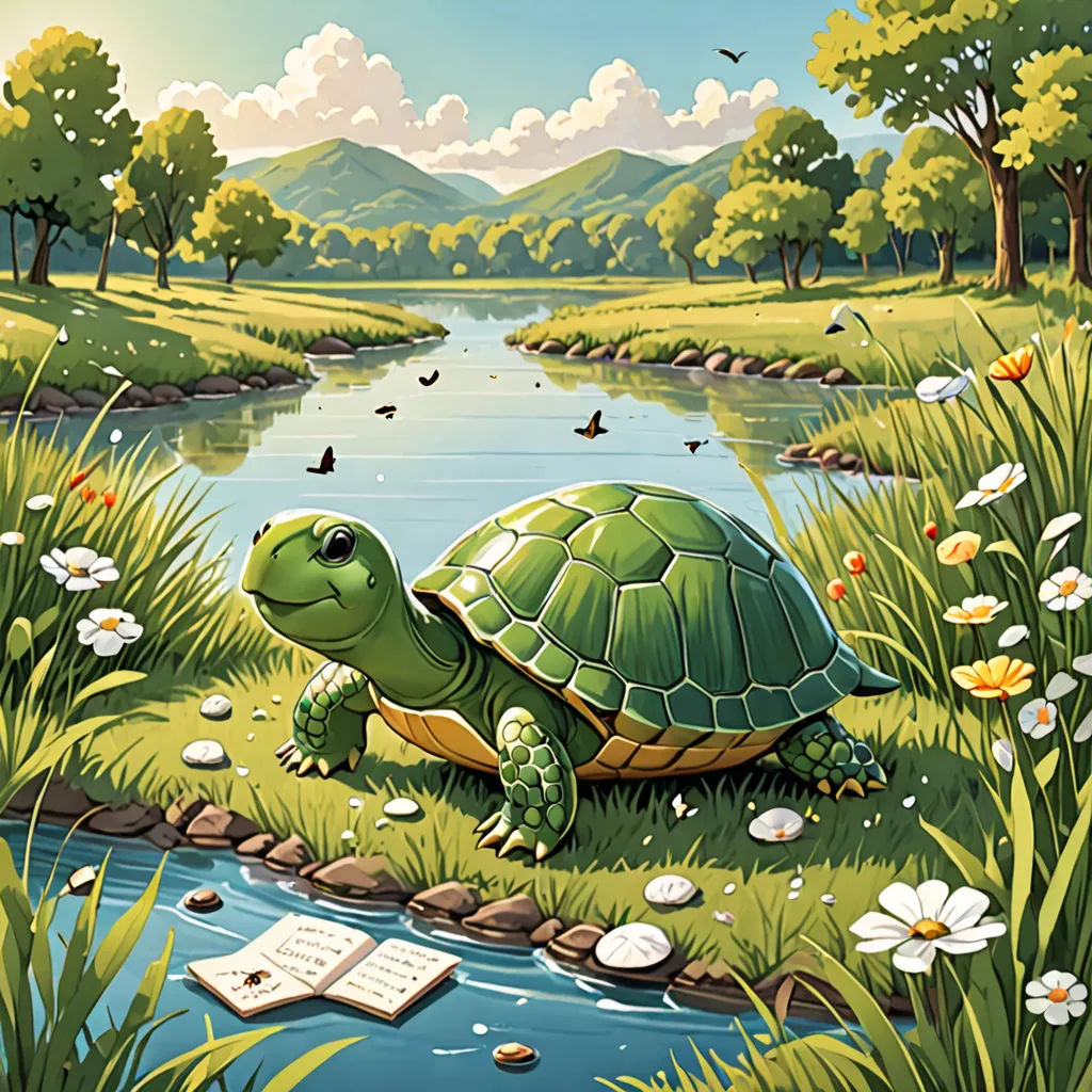 a painting of a turtle sitting on a rock by a river with a book in its paws and a book in the grass, environmental art, a storybook illustration, Chris LaBrooy, storybook illustration
