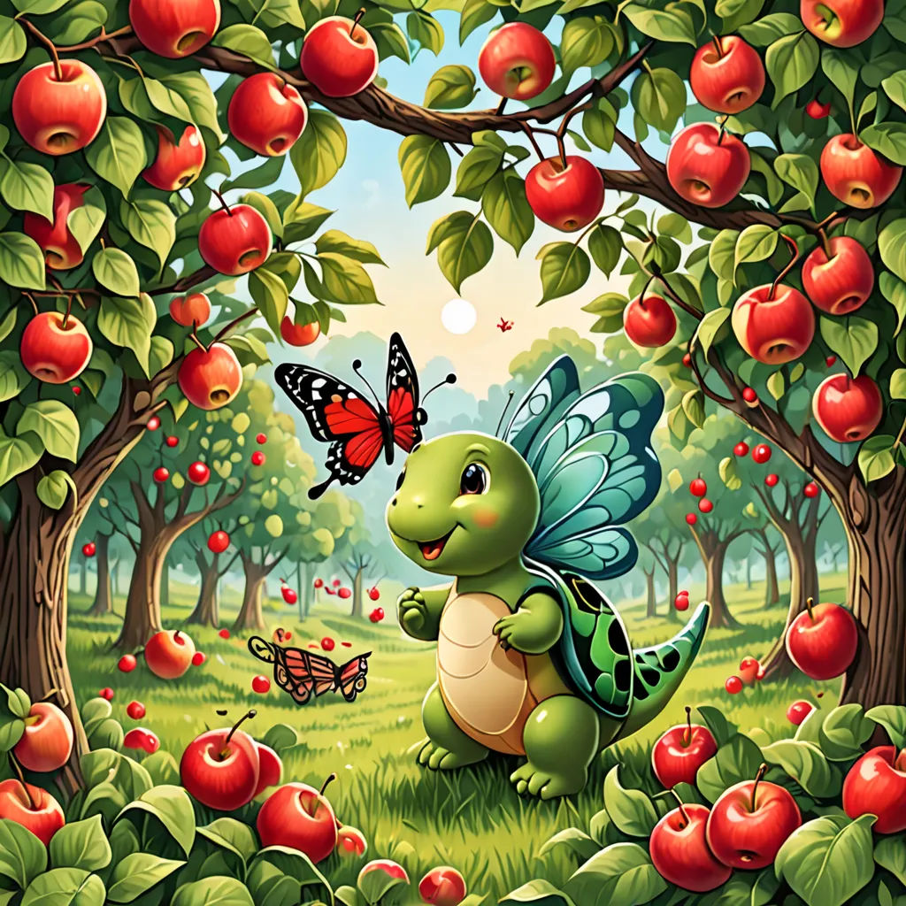 a painting of a turtle and a butterfly in a forest with apples on the trees and grass and a butterfly on the ground, fantasy art, a storybook illustration, Chris LaBrooy, storybook illustration