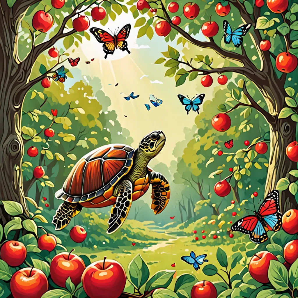a painting of a turtle and a butterfly in a forest with apples and butterflies around it, with a sunbeam, magic realism, a storybook illustration, Chris LaBrooy, storybook illustration