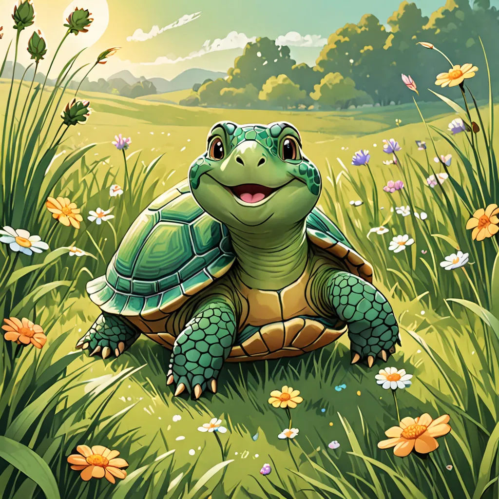 a turtle sitting in the grass with flowers around it and a sky background with clouds and sun shining through the clouds, sots art, a character portrait, Chris LaBrooy, storybook illustration
