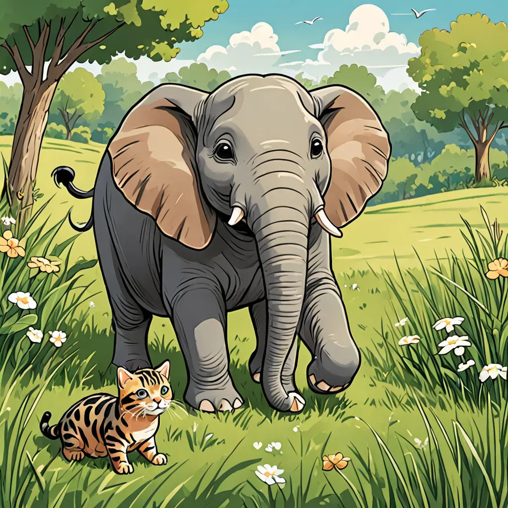 a cat and an elephant in a field of grass and flowers with trees in the background and a sky with clouds, sumatraism, a storybook illustration, Chris LaBrooy, storybook illustration