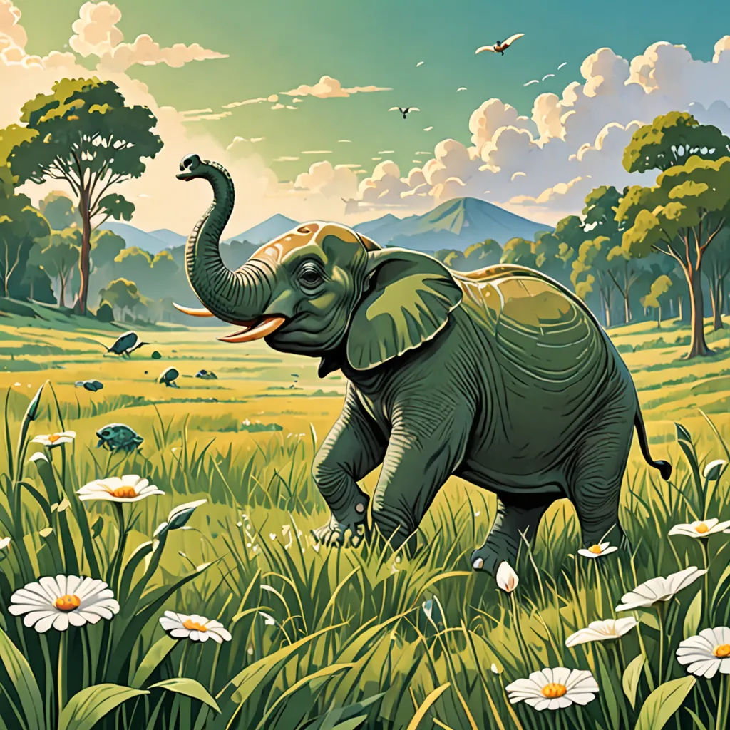 a painting of an elephant in a field of flowers and trees with a bird flying above it and a bird in the distance, psychedelic art, a storybook illustration, Chris LaBrooy, detailed illustration