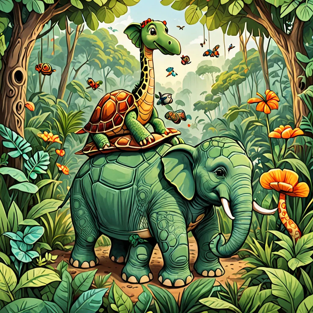 a painting of a turtle riding on top of an elephant in a jungle with butterflies and flowers around it, psychedelic art, a storybook illustration, Chris LaBrooy, storybook illustration